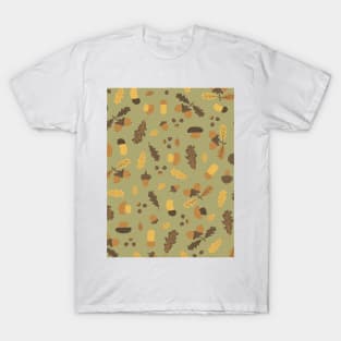 Autumn oak leaves, acorn, birch aspen mushrooms, nuts, chestnuts seamless pattern T-Shirt